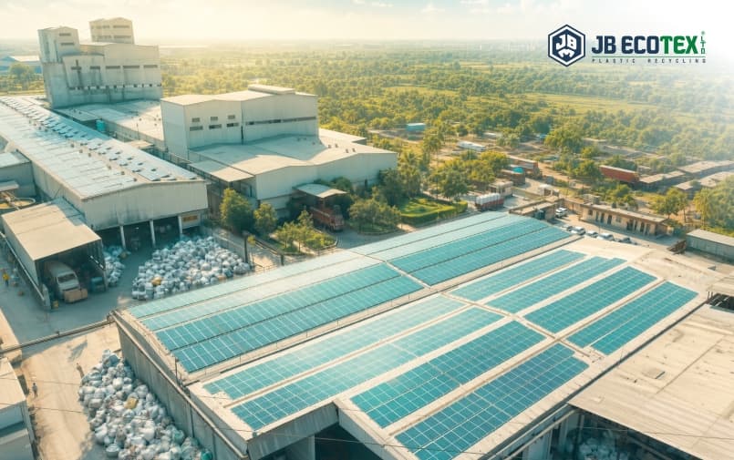 JB Ecotex plastic recycling manufacturing facility with solar panels for sustainable PET recycling operations