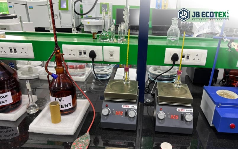 Quality testing laboratory at JB Ecotex for recycled PET resin analysis and compliance checks