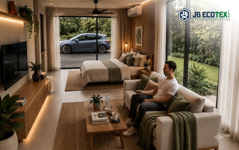 Modern home interior featuring sustainable recycled polyester fibre applications