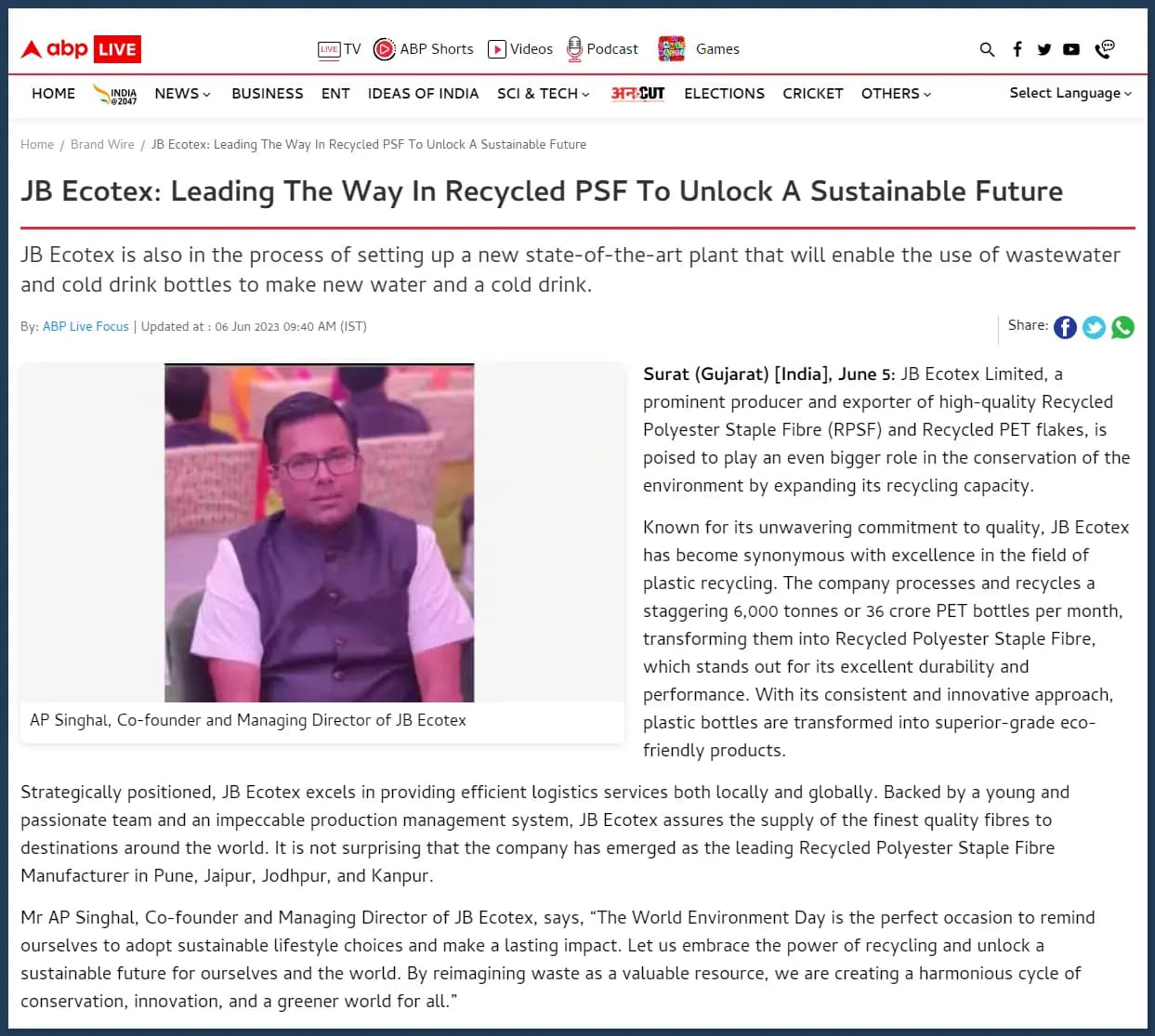 JB Ecotex Featured on ABP Live for Leadership in Recycled PSF and Sustainability
