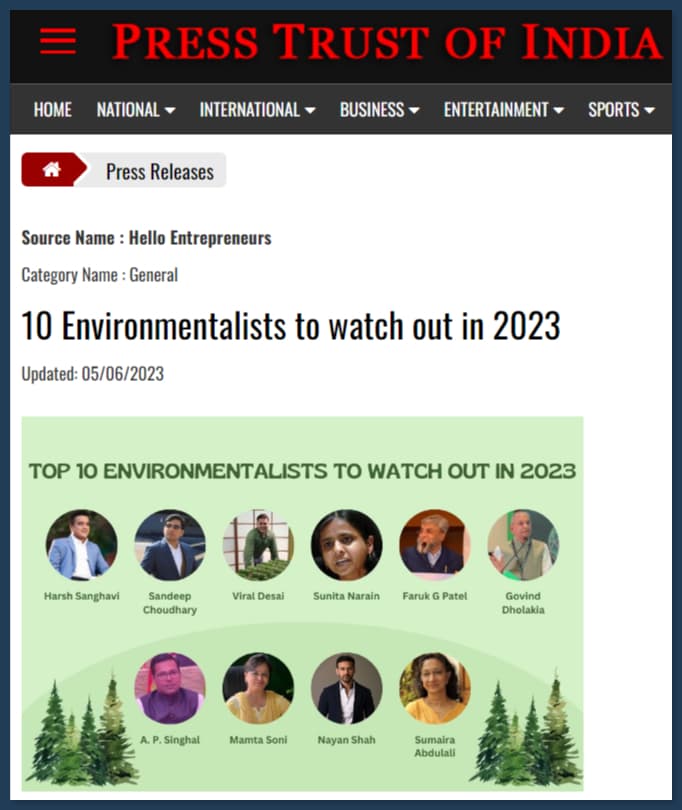 JB Ecotex Named Among Top 10 Environmentalists to Watch in 2023 by PTI News