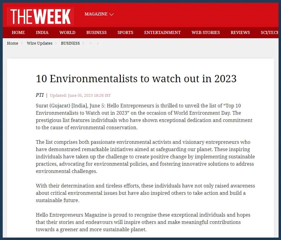 JB Ecotex Featured in The Week’s Top Environmentalists List 2023