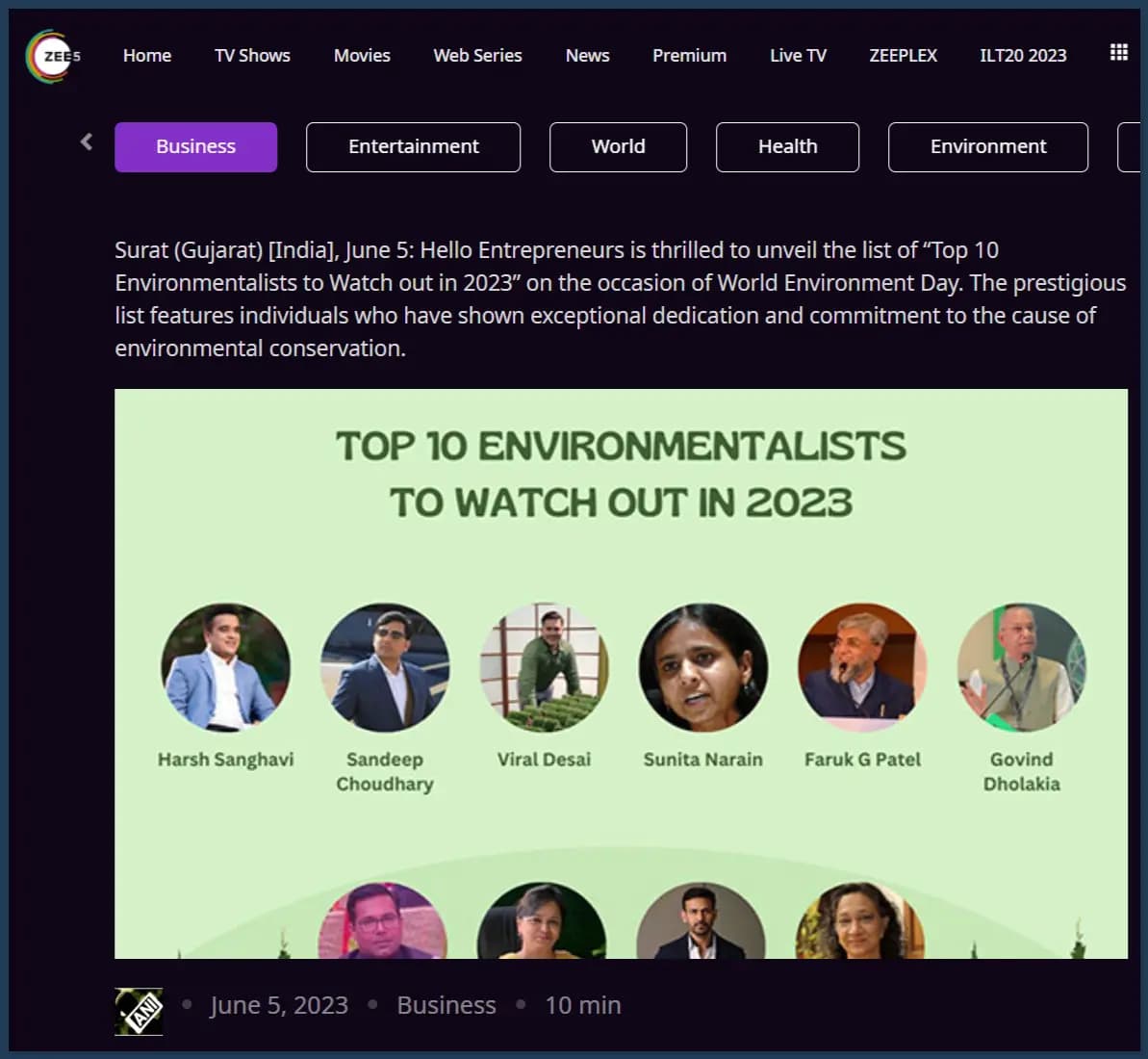 JB Ecotex Among Top 10 Environmentalists to Watch in 2023 – Zee5 Recognition